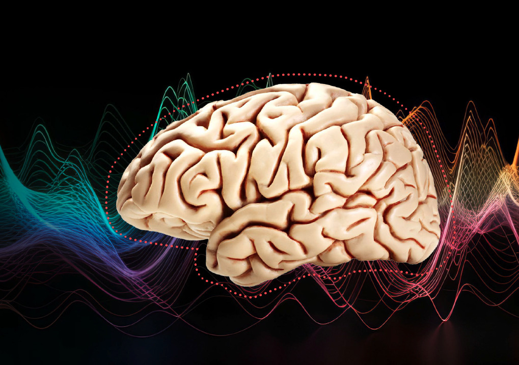 A brain with red dotted outline and rainbow waves in the background.